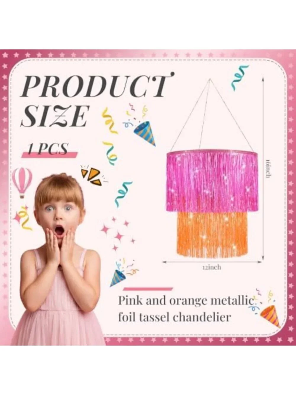 16” Pink Orange Disco Fringe Tinsel Chandelier - Vibrant Sunset Party Decor